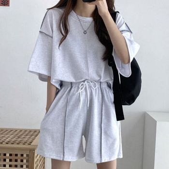 여성 QICK7629 시크한 2컬러 베이직 라운드넥 루즈핏 여름 반팔 셋업