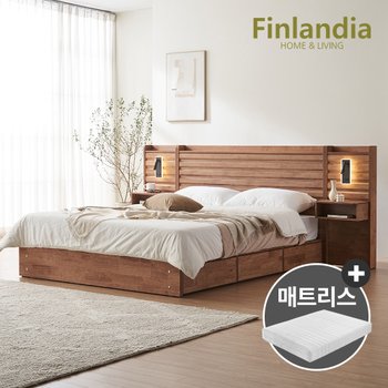 핀란디아 딜라이 원목 호텔식 수납 퀸침대Q+독립매트리스+LED조명협탁2개