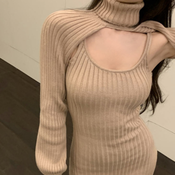 베일드 폴라 레이어드 골지 니트 원피스