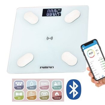 핌핀B07 블루투스4.0 디지털 체지방 체중계 강화유리 비만지수 근육량 몸무게 자동전원 모바일연