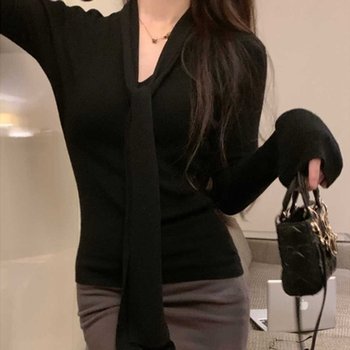 여성옷쇼핑몰니트맛집 연말 모임 파티 브이넥 타이 스카프 긴팔 ...