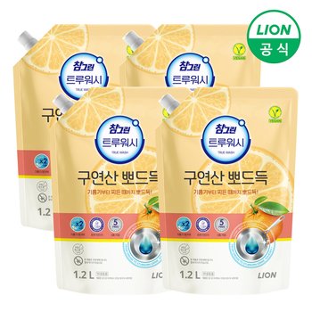 참그린 트루워시 구연산 뽀드득 주방세제 리필 1.2L X 4개 (레몬향/오렌지 택1)