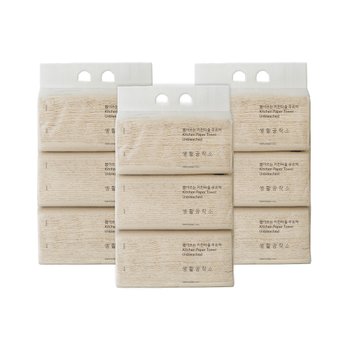 [생활공작소] 뽑아쓰는 키친타올 무표백 100매x3팩 (100%천연펄프/수량 선택)