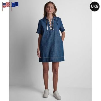 [해외] DKNY 여성 반팔 레이스업 쉬프트 원피스 러스틱 인디고