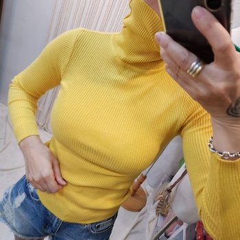 여성 옐로우 골지 목폴라 (WB41929)