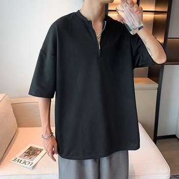 차이나 심플 넥카라 집업 하프업 맨즈빅핏 숏티 티탑 (WFK1VDK)