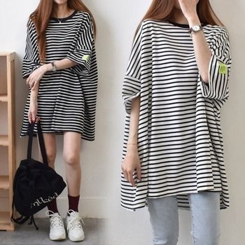 패턴 레이디스롱기장 숏슬리브 베이직 (WFK1YDQ)