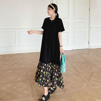 에디츠 밑단 플라워 반팔 롱 원피스_P361014968