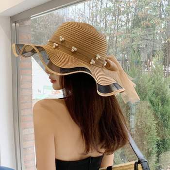 진주 WJR860I7 리본 비치자 브라운 바캉스 밀짚자 여행자
