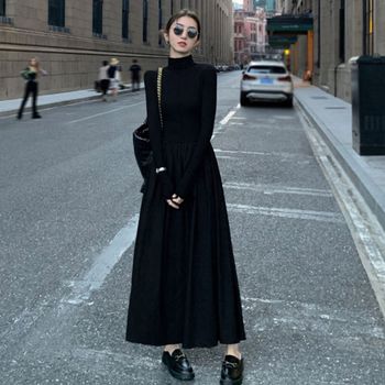 여성 AKEO8596 모임 하이웨스트 스타일 긴팔 목티 롱원피스