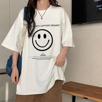 여자 스마일 빅 기본 오버핏 데이 스타일 라운드넥 반 여성티셔츠