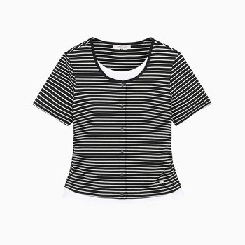 여성 스트라이프 가디건 레이어드 반팔 티셔츠_100(10570-131-411-69)