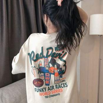 반팔 레드 캐주얼 여성 데빌 필수템 프린팅 오버핏 티