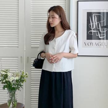 여성 여름 베티즈 린넨 퍼프 버튼 반팔 자켓