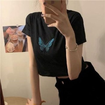 파랑 나비 반팔 크롭티 BI00180 가을 라운드 데일리 XL 간절기 사이즈 쭉티 U넥 라운드티숙 S 산