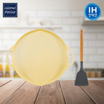 [죠르노펠리체] IH 인덕션 멀티 그리들 34cm 옐로+우드 핸들 실리콘 뒤집개 GF-IGYSST