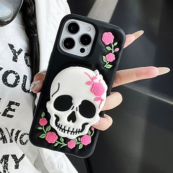아이폰 17 16 15 14 13 12 프로 맥스 귀여운 해골 캐릭터 핑거 그립 스탠드 실리콘 에폭시 케이