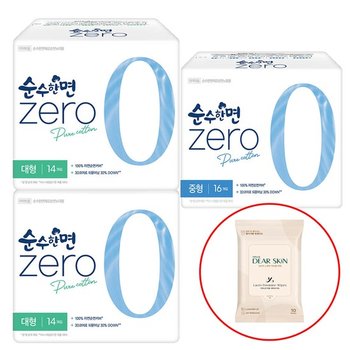 순수한면 제로 중형 16개입+대형14개입x2팩+디어스킨 여성청결 티슈 10매
