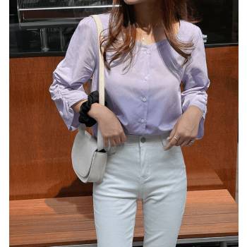 블루 여성 데일리 블라우스 셔츠 여름 린넨 지너므 셔링