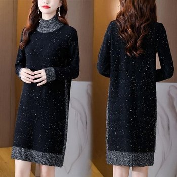 고품질 CESS 9500 프렌치스타일 롱니트 풀오버 브이넥 원피스 트임 (WFIH3Q5)