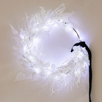 크리스마스 리스 벽장식 LED 화이트 벨리 리프 500mm 벽걸이 소품 현관 문 카페 입구 데코 겨울
