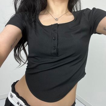 당출 FLLO4696 차분한 쿨 아이스실크 기본 단추 크롭티