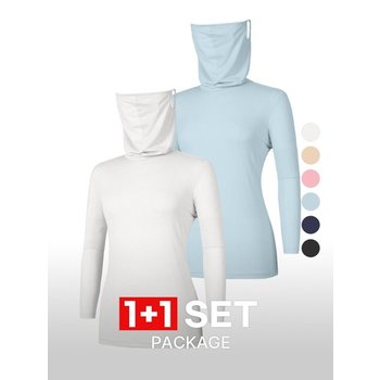 1+1 투엘라 여성 쿨쉴드 데일리 캐주얼 스포츠웨어 메쉬 마스크넥 핑거홀 티셔츠(W7OPST21)