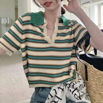 여성 ZE87DM75 크롭 데일리 카라 브이넥 클래식 니트 1P 스트라