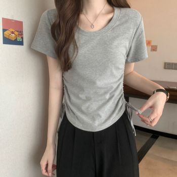 티셔츠 반팔 옆 슬림핏 셔링 크롭 U19