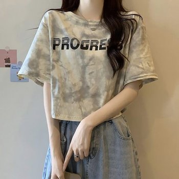 여자 레터링 프린트 반팔 크롭티 캐주얼 스트릿룩 타이다이티셔츠 크롭반팔티