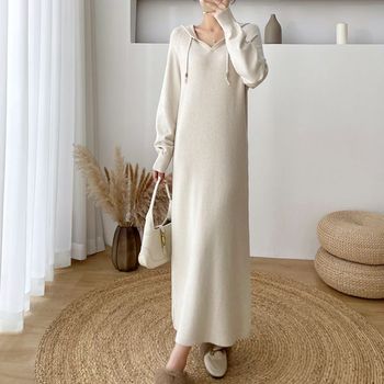 쥬린 니트 골지 후드 롱 원피스_P329777277