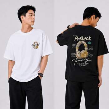 남성 헤드폰 그래픽 백프린트 스트릿 캐주얼 반팔 데일리 티셔츠