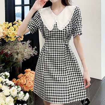 체크패턴 FUDI6913 프릴 셔링 빅카라 원피스 양절개 a라인