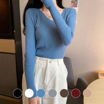 브이넥 FUSC7101 모던한 베이직 여성 골지 니트 올데이 슬림핏 가을 이
