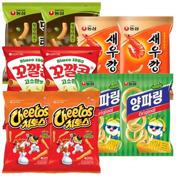 과자모음 5종 10봉(먹태깡2봉+새우깡2봉+꼬깔콘2봉+양파링2봉+치토스2봉)