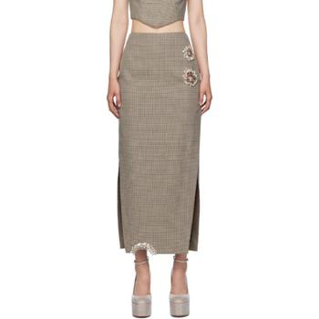 25 FW AREA 브라운 디스트레스 크리스탈 미디 스커트 232372F092000