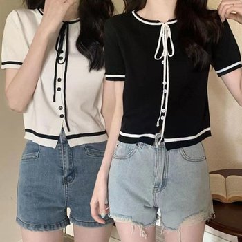 여성 반크롭 스타일 귀여운 디자인 여름 니트 가디건 (KYR-WE45680)