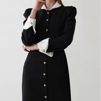 보이 블랙 배색 카라 소매 레이스 어깨 퍼프 원피스 9875646A