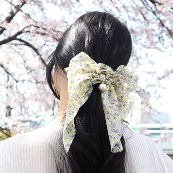 포인트 진주 자동핀 플라워 쉬폰 리본 4Colors 빅