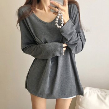 빈터투어 베이직 레이어드 옆트임 기모 롱 티셔츠