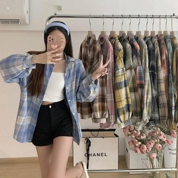 가을 복고풍 체크 남방 오버핏 루즈핏쳐스 루즈핏 여성남방 여성셔츠 가을남방 체크셔츠