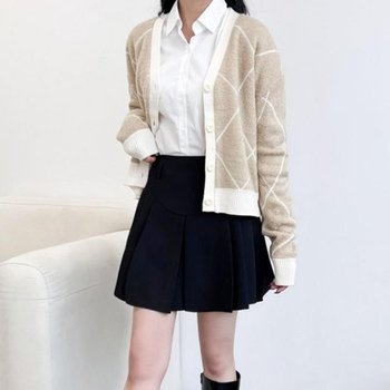 니트 가디건 여성 데일리 체크 부클 긴팔 카디건 (WFK7UUI)