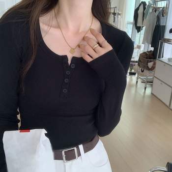 긴팔티셔츠 BE98EY65 U넥 여성 슬림핏 3색 딥 버튼티 골지 단추