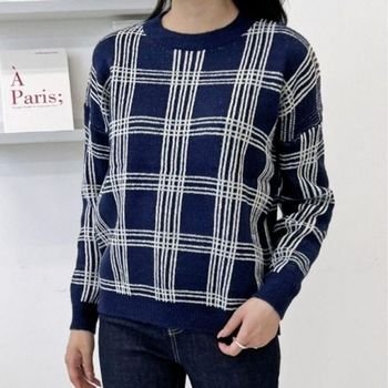 배색 ITCM3558 모던한 인기 체크 여성 니트 감성 맨투맨 여자 라운드