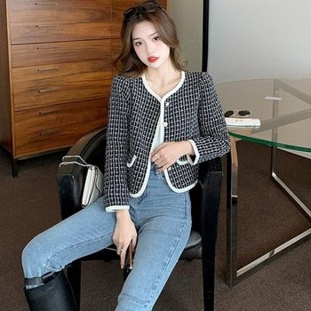 [JHL977P1_51IB]트위드 크롭 배색컬러 자켓 재킷