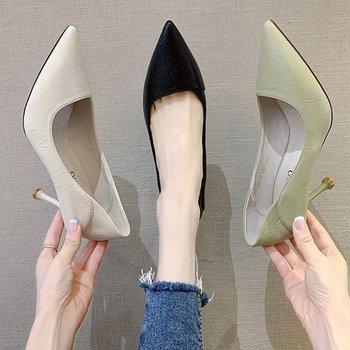 스틸레토 레더 3컬러 여성 뮬 미들힐 펌프스힐 LK-Q21