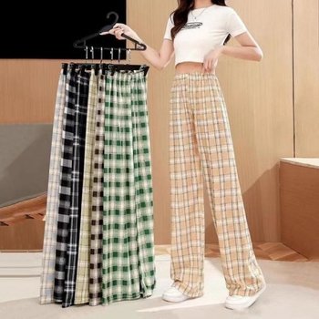 고품질 파자마 여름체크바지 팬츠 체크 통바지 여성여름 여름팬츠 (WFK9YKX)