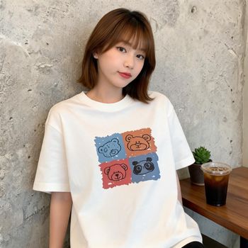 곰돌이 프린팅 오버핏 반팔 티셔츠 여름 데일리 등원룩 캠핑룩