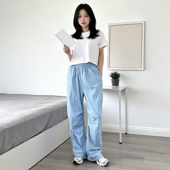 여성 파라슈트 팬츠 스트링 바지 통바지 와이드 봄 가을 아웃도어 캠핑룩 남녀공용바지