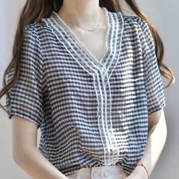 체크 EPMR8626 세련된 브이넥 블라우스 여름 시스루 셔링 통기성 셔츠